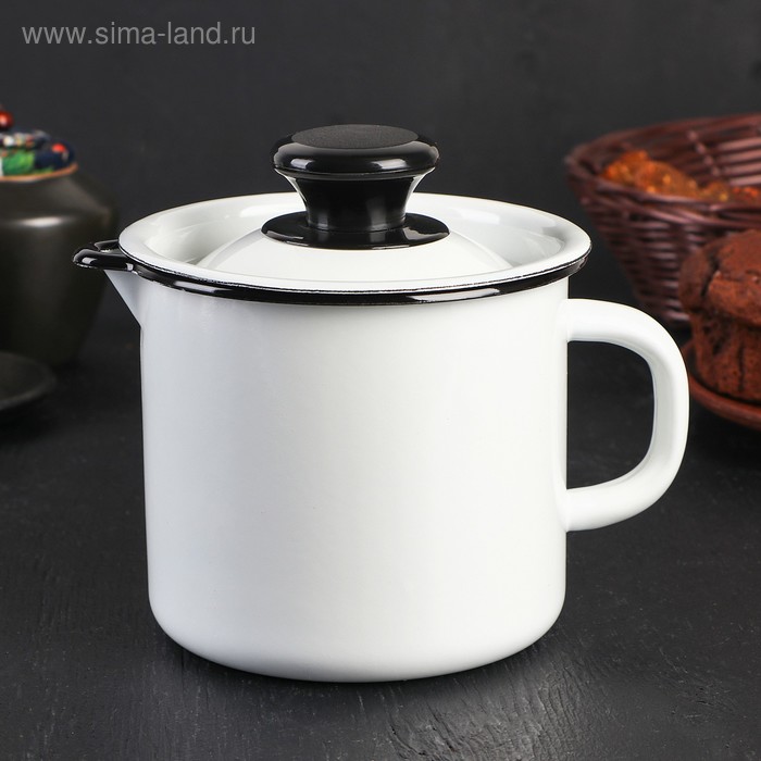 Кружка эмалированная, 1 л, с крышкой и носиком, белая - Фото 1