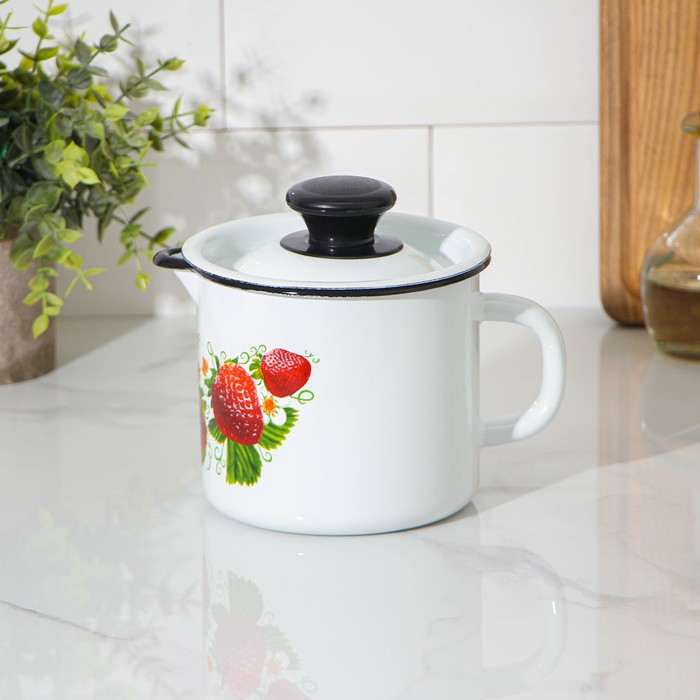 Кружка эмалированная с носиком, 1 л, с крышкой, деколь МИКС, цвет белый - Фото 1