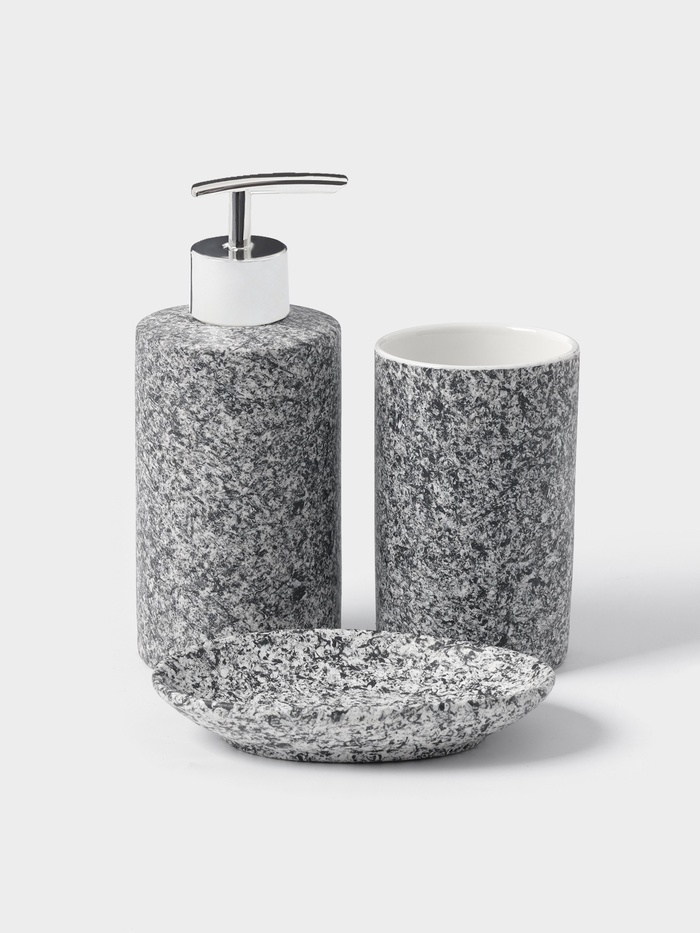 Аксессуары для ванной Доляна «Гранит», 3 предмета, дозатор 350 мл, мыльница, стакан, серые - Фото 1