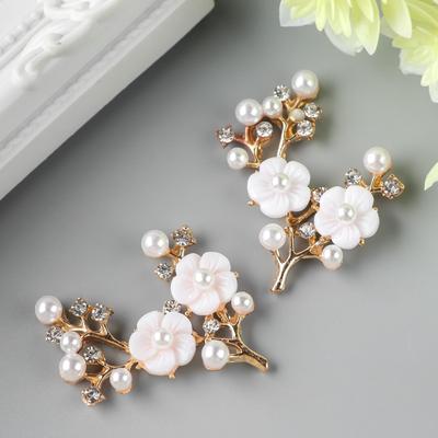 Декор для творчества металл «Цветочная ветвь», жемчужины, стразы, золото 3.5×4 см