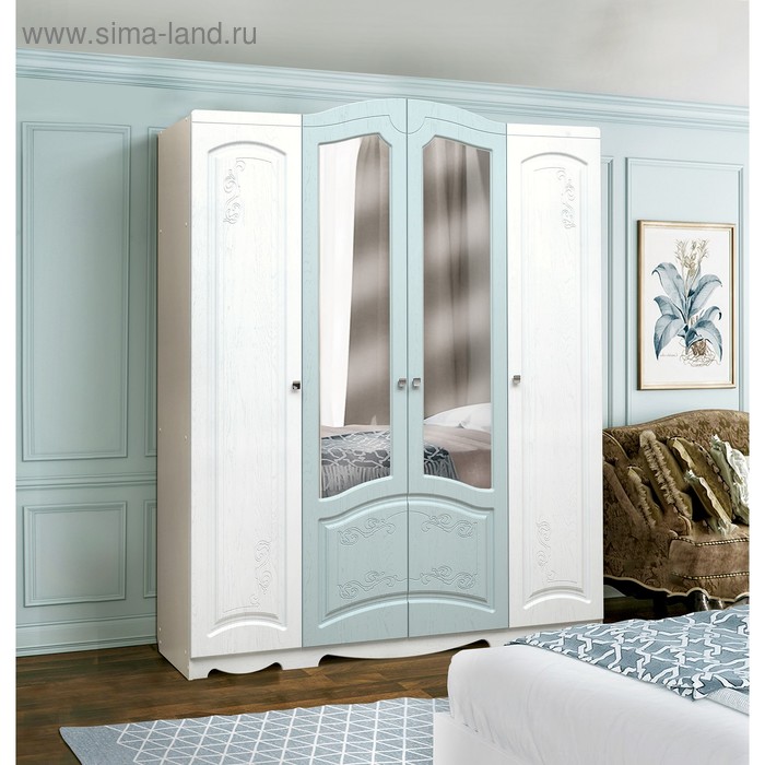 Шкаф 4-х дверный «Венеция 4» с 2-мя зеркалами, цвет белый / арктик матовый / деним матовый - Фото 1
