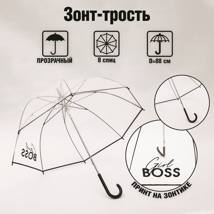 Зонт женский купол Girl boss, 8 спиц, d = 88 см, прозрачный - Фото 1