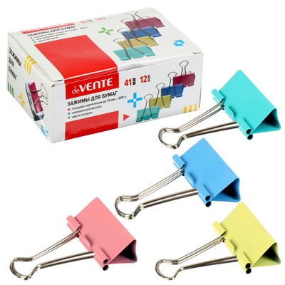 Зажимы для бумаг 41 мм, 12 штук, deVENTE, металлические, МИКС × 4 цвета, картонная коробка