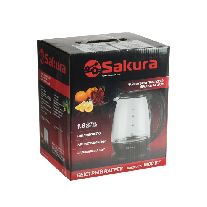 Чайник электрический Sakura SA-2723WG, стекло, 1.8 л, 1800 Вт, подсветка, белый - фото 51332910