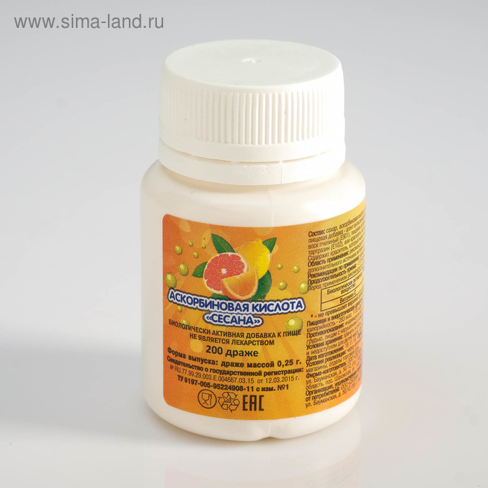 Аскорбиновая кислота «Сесана», БАД, 200 драже - Фото 1