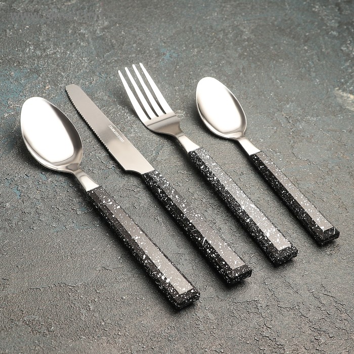 УЦЕНКА Набор столовых приборов 24 предмета на подставке «Мрамор чёрный», (1.2 мм) - Фото 1