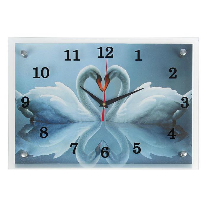 Часы-картина настенные, серия: Животный мир, "Два белых лебедя", 25х35 см - фото 1883213892