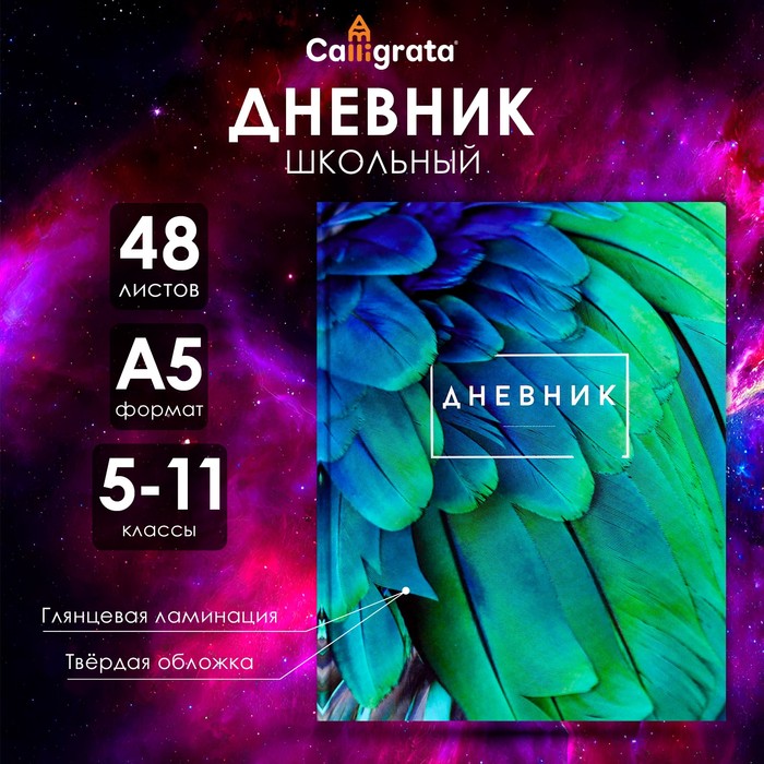 Дневник для 5-11 классов, "Перья", твердая обложка 7БЦ, глянцевая ламинация, 48 листов - Фото 1