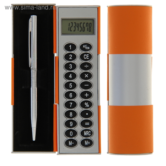 Калькулятор-футляр с ручкой, 8-разрядный, корпус оранжево-серый, УЦЕНКА - Фото 1