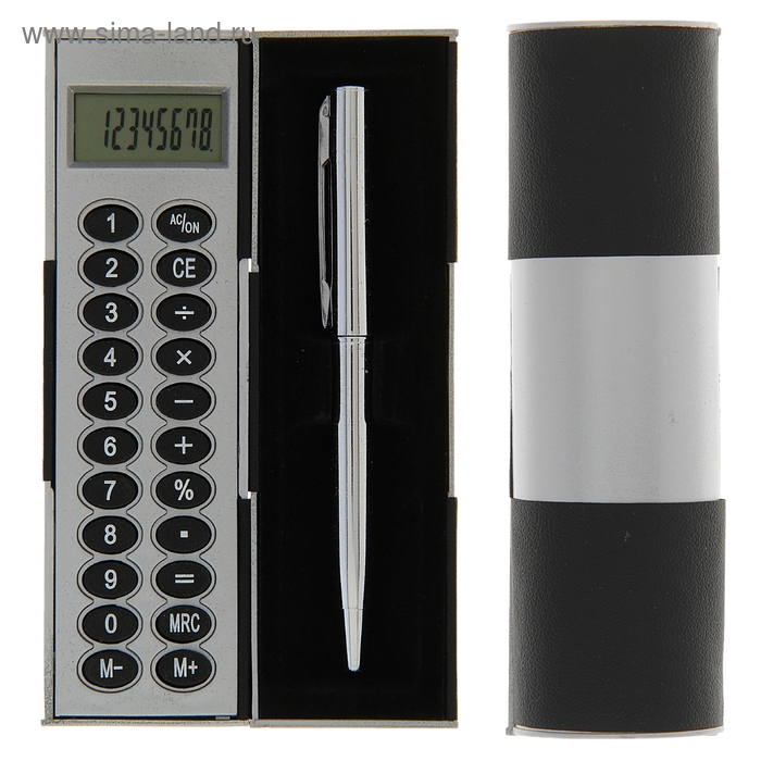 Калькулятор-футляр с ручкой, 8-разрядный, корпус чёрный-серый, УЦЕНКА - Фото 1