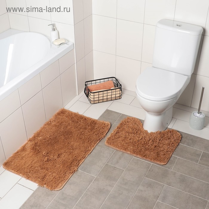Набор ковриков для ванны и туалета, 2 шт: 40×50, 50×80 см, цвет коричневый - Фото 1