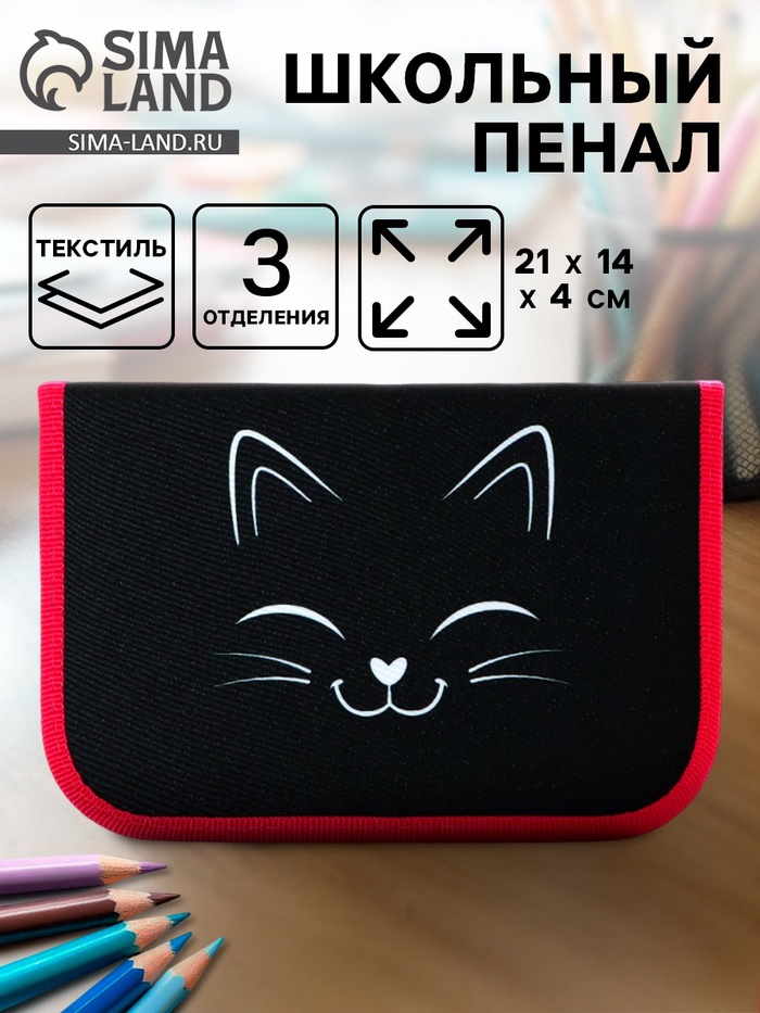 Пенал школьный, 3 секции, 14×21×4 см «Котик»