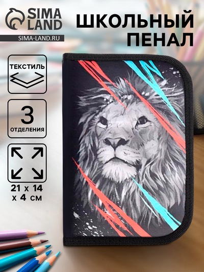 Пенал школьный, 3 секции, 14×21×4 см «Лев»