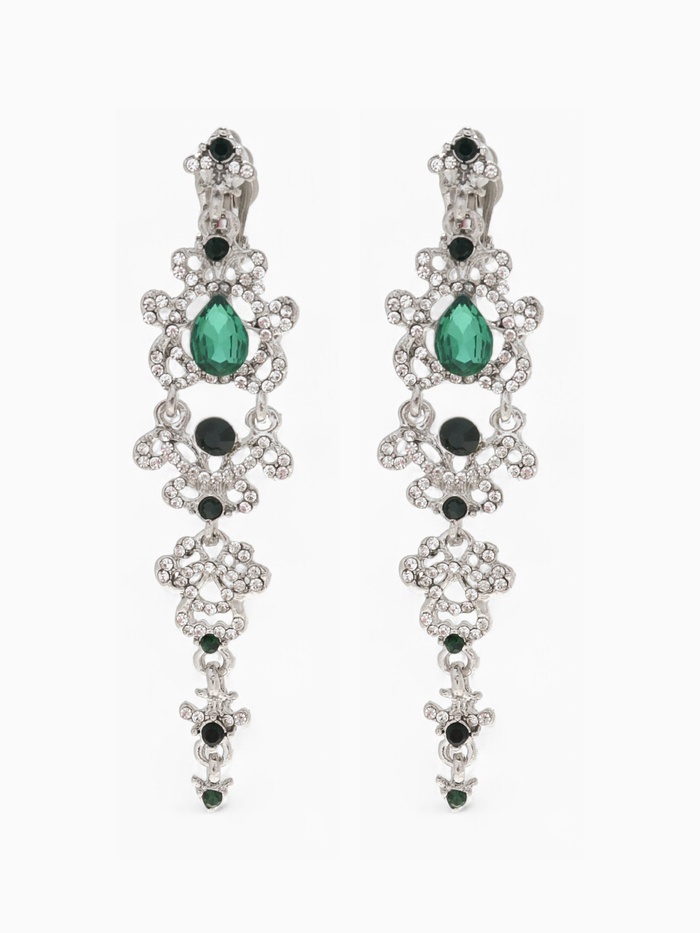 Клипсы для ушей висячие со стразами QF «Ажур», капли с завитками, цвет бело-изумрудный в серебре - Фото 1