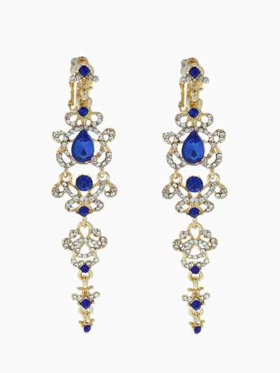 Клипсы для ушей висячие со стразами QF «Ажур», капли с завитками, цвет бело-синий в золоте