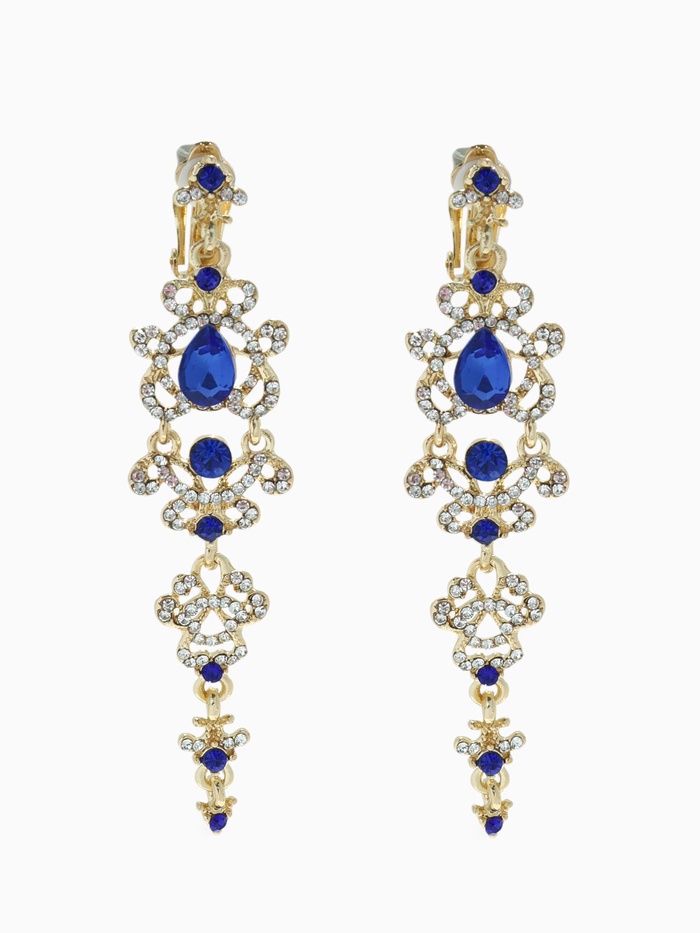 Клипсы для ушей висячие со стразами QF «Ажур», капли с завитками, цвет бело-синий в золоте - Фото 1