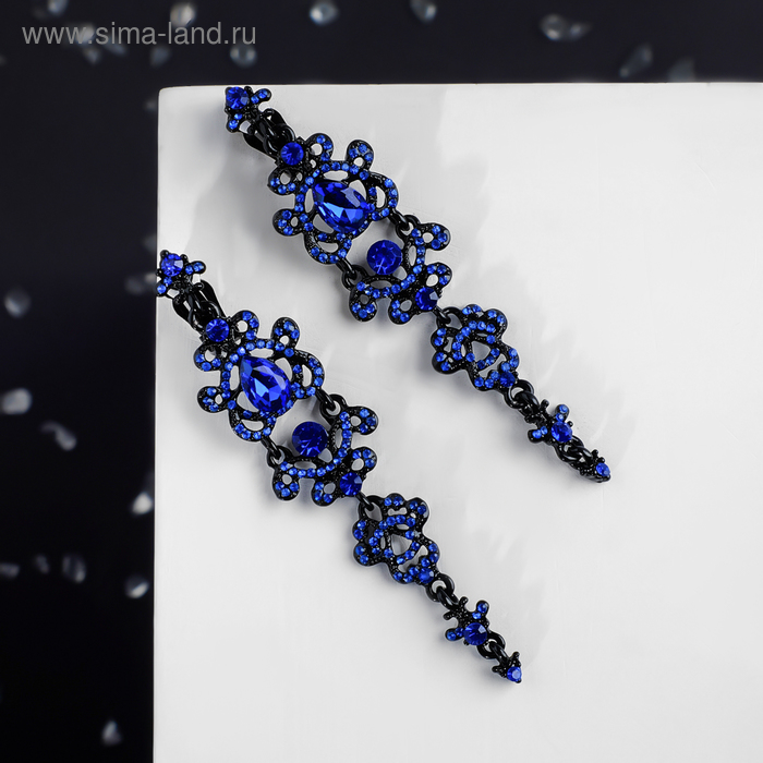 Клипсы «Ажур» капли с завитками, цвет синий в чёрном металле - Фото 1