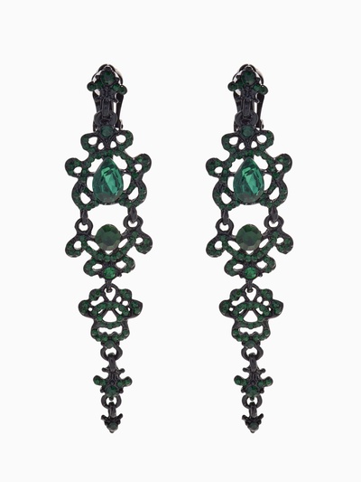 Клипсы для ушей висячие со стразами QF «Ажур», капли с завитками, цвет изумрудный в чёрном металле