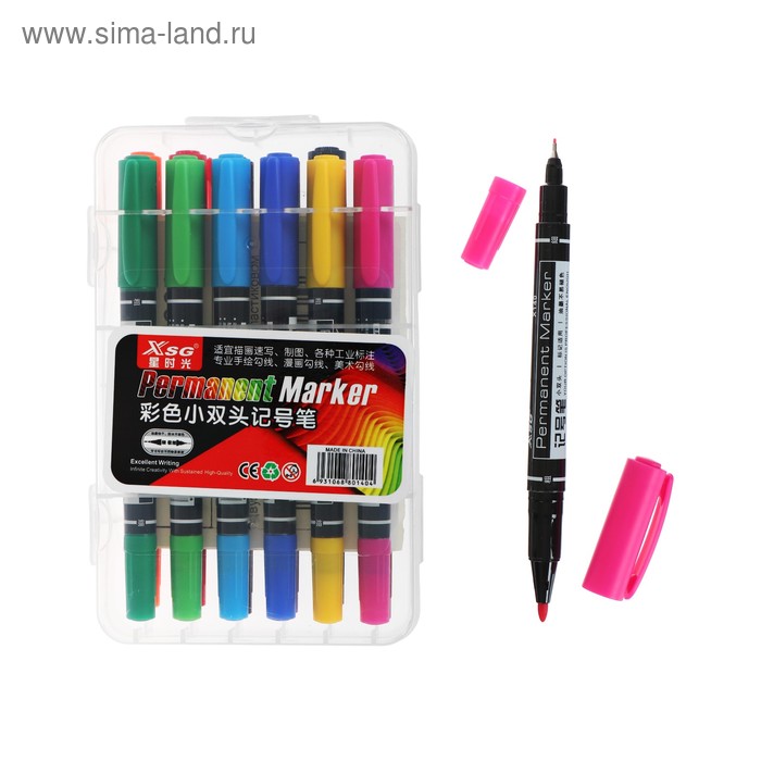 Набор маркеров перманентных 12 цветов двусторонних 0,5 мм / 1,0 мм в пластиковом пенале - Фото 1