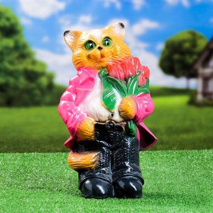 Садовая фигура "Кот большой с тюльпанами" малиновый 40см - Фото 1