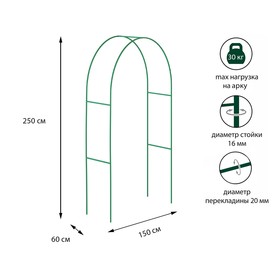 Арка садовая, стальные трубы d = 15 мм, 250 x 150 x 60 см, цвет зелёный