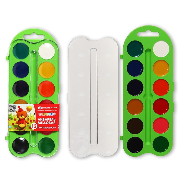 Акварель медовая ЗХК "Цветик", 12 цветов, в пластиковом пенале, без кисти - Фото 1