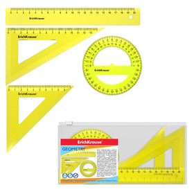 Набор геометрический ErichKrause Neon, средний (угольник - 2 штуки, линейка - 20 см, транспортир), жёлтый