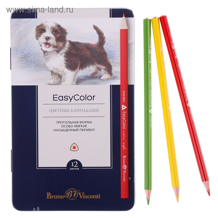 

Карандаши 12 цветов Easycolor в металлической коробке с ложементом