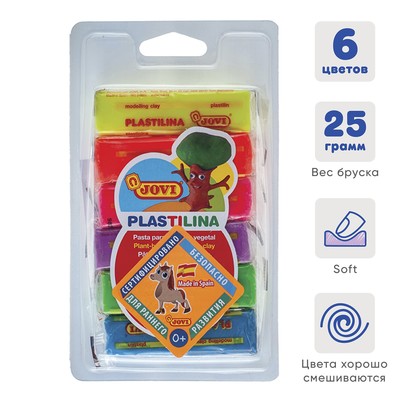 Пластилин мягкий (восковой), 6 цветов, 150 г, JOVI, флуоресцентный блистер, ДЛЯ МАЛЫШЕЙ