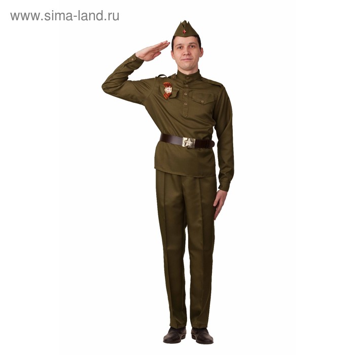 Карнавальный костюм «Солдат», гимнастёрка, брюки, ремень, пилотка, р. 48 - Фото 1