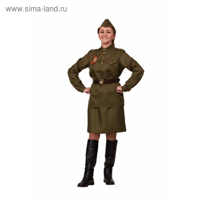 Карнавальный костюм «Солдатка 2», гимнастёрка, юбка, ремень, пилотка, р. 42, рост 164 см - Фото 1