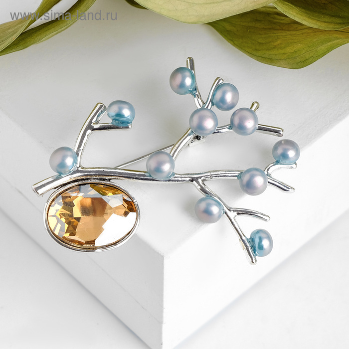 Брошь «Веточка жемчуга», цвет золотисто-голубой в серебре - Фото 1