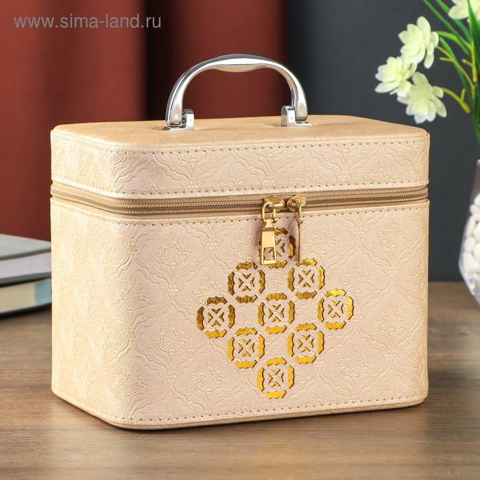 Шкатулка кожзам с зеркалом "Золотые символы" молочная 16,5х14,5х21 см - Фото 1