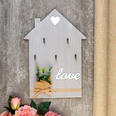 Ключница настенная «Домик с букетиком», декоративные крючки, дерево, 34×2.5×24 см