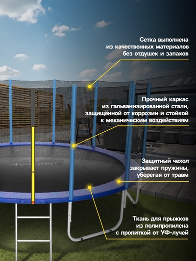 Батут ONLYTOP, d=427 см, высота сетки 173 см, с лестницей, синий