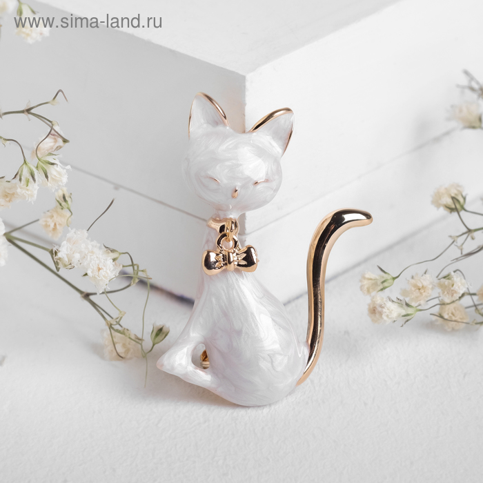 Брошь «Котёнок» с подвижным бантиком, цвет белый в золоте - Фото 1