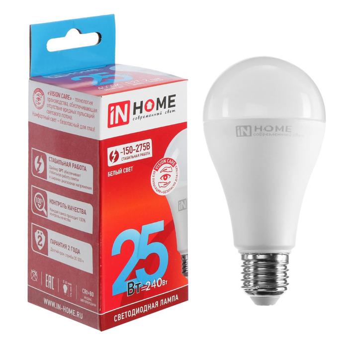 Лампа светодиодная IN HOME LED-A65-VC, Е27, 25 Вт, 230 В, 4000 К, 2250 Лм