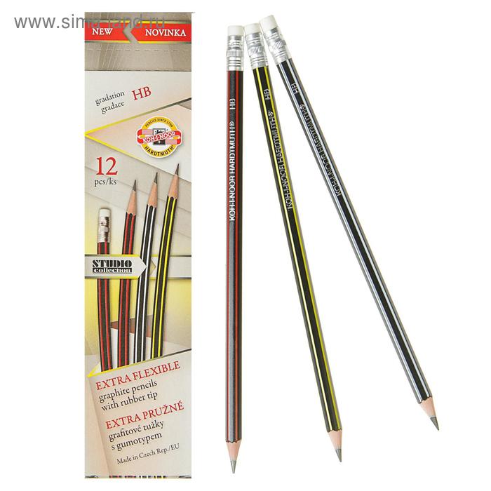 Набор карандашей чернографитных 12 штук 2.0 мм, Koh-I-Noor 1397, HB, сверхгибкие, ластик, L=189 мм - Фото 1