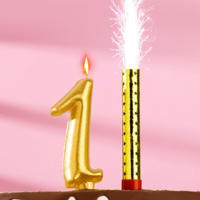 Набор Свеча для торта цифра 1 Гигант, золотая, с фонтаном, 9,5 см