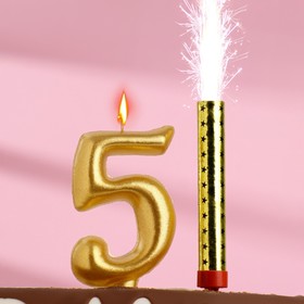 Набор Свеча для торта цифра 5 Гигант, золотая, с фонтаном Ош