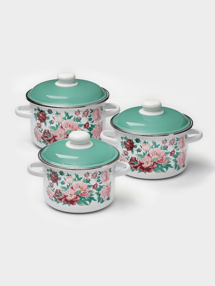 Набор эмалированных кастрюль «Армель», 3 шт.: 2 л, 3 л, 4 л, индукция, белый, зелёный - Фото 1