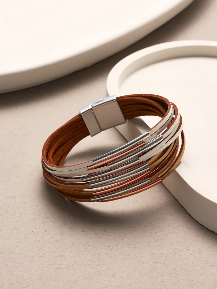 Браслет манжета на магните «Линии», кожа, 18.5 см, бело-бежевый