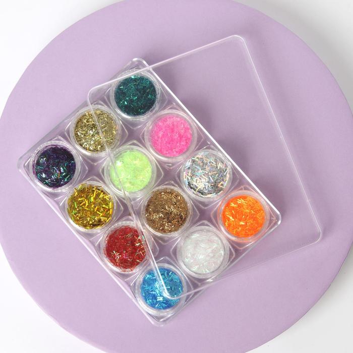 Стружка для декора, в пластиковом органайзере, 12 баночек 12708