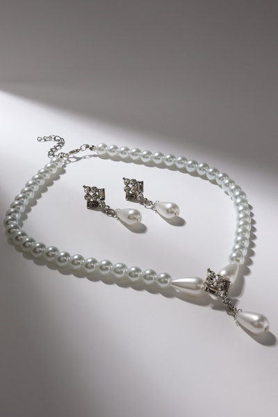 Набор 2 предмета: серьги, колье «Антуанетта» гранж, цвет белый в серебре, 40 см