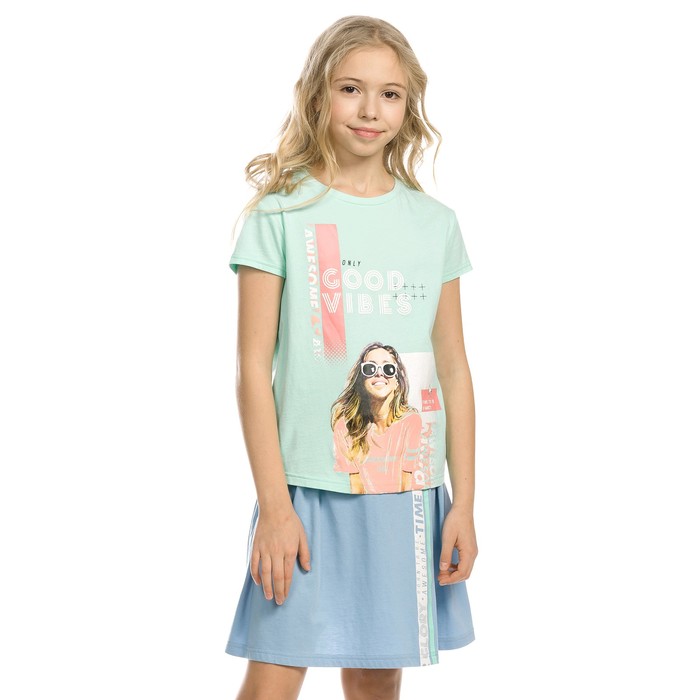 Комплект из футболки и юбки для девочки, рост 122 см, цвет ментол