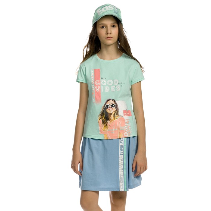 Комплект из футболки и юбки для девочки, рост 152 см, цвет ментол