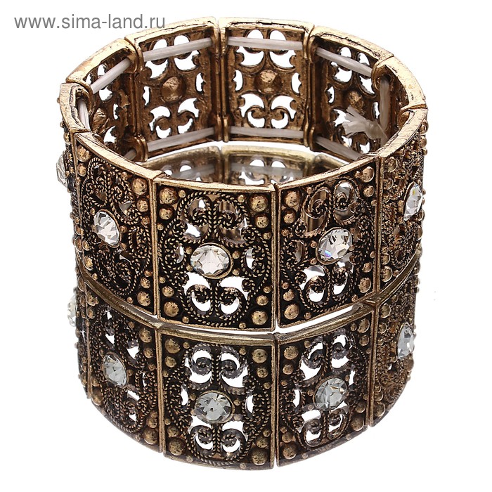 Браслет резной прямоугольник со стразами, цвет черненое золото - Фото 1