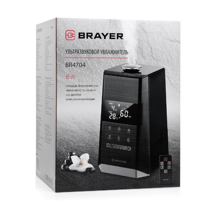 Увлажнитель BRAYER 4704BR, 110 Вт, ультразвуковой, 6 л, 25 м2, таймер, пульт, чёрный - фото 51433547