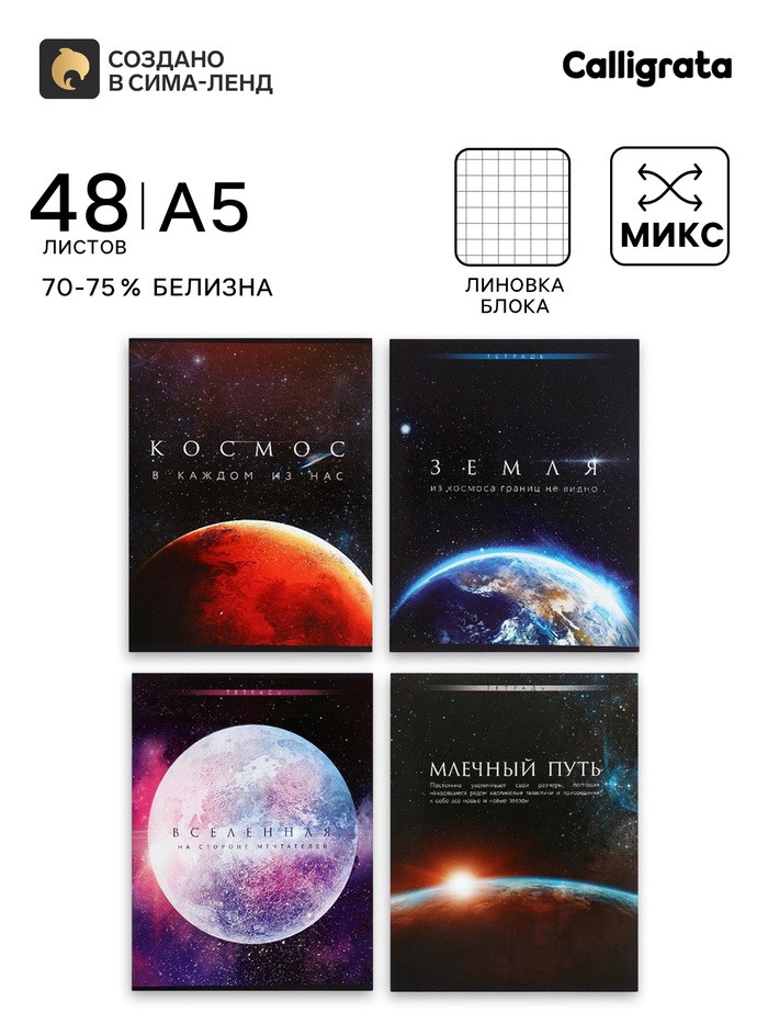 Тетрадь 48 листов в клетку, Calligrata «Космос», серые листы, МИКС - Фото 1