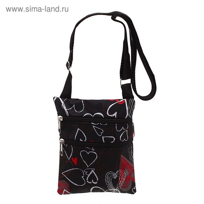Кошелек-сумочка на ремешке "Сердца на черном", 3 отдела на молниях - Фото 1